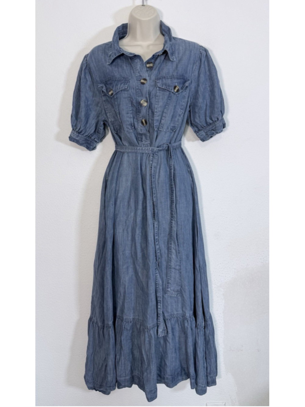 Elan Denim Tiered Maxi Shirt Dress M Blue Western Rodeo Festival Cowgirl Country
